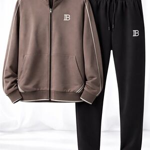 IB Embroidered Two-Tone Track Jacket & Joggers Set - Brown & Black